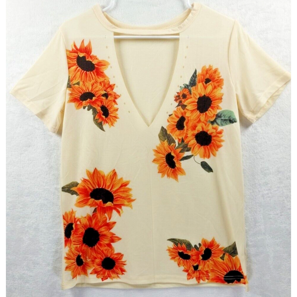 Women's Yellow Sunflower V Neck Cotton T-Shirt Super Soft Size Small NEW